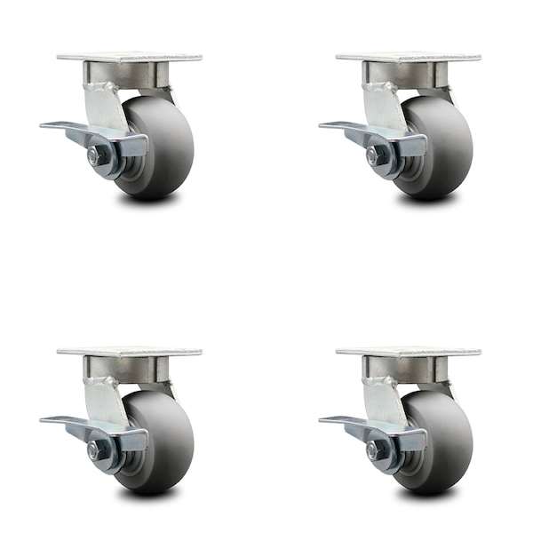 Service Caster 4 Inch Kingpinless Thermoplastic Rubber Wheel Swivel Caster Set with Brakes SCC SCC-KP30S420-TPRRD-SLB-4 - main